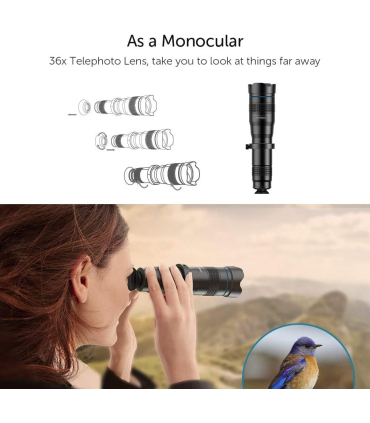 لنز عکاسی اپکسل برای تلفن همراه با سه پایه مدل  36x HD Telephoto Lens with Tripod برند Apexel