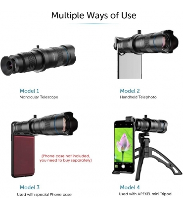 لنز عکاسی اپکسل برای تلفن همراه با سه پایه مدل  36x HD Telephoto Lens with Tripod برند Apexel