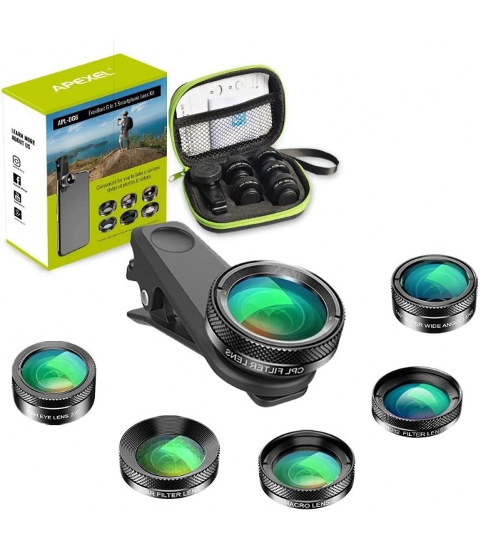 کیت لنز دوربین Apexel 6 In 1 مدل Apexel 6 In 1 Phone Camera Lens Kit Wide Angle Lens + Macro Lens + Fisheye Lens + ND Filter+