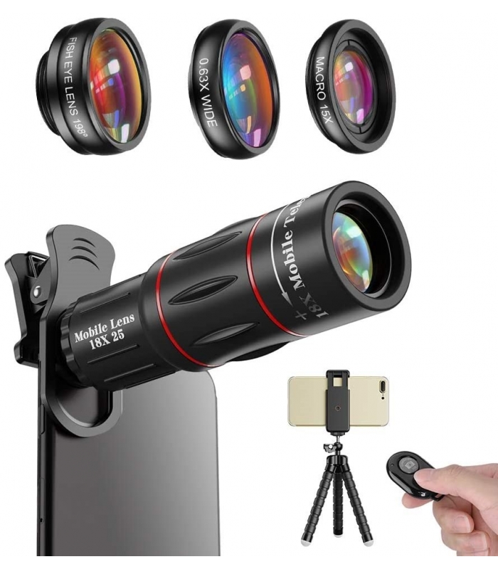 کیت لنز برای دوربین موبایل Apexel Phone Photography Kit-Flexible Phone Tripod +Remote Shutter +4 in 1 Lens Kit-High Power 18X