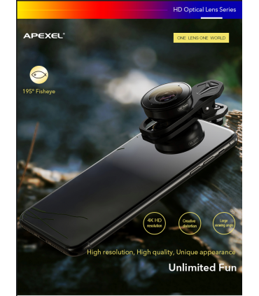 لنز موبایل فیش آی APL-HB195 با زاویه 195 درجه برند اپکسل Apexel 4K HD glass195 Fisheye Lens for Mobile Phone