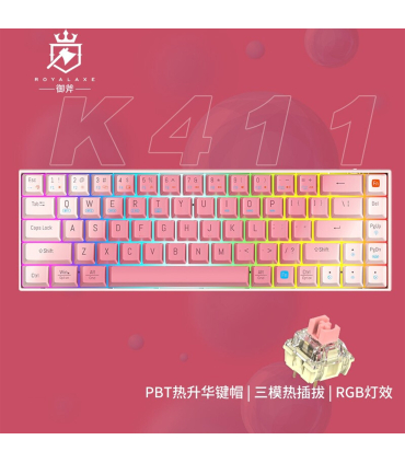 کیبورد بی سیم رویالکس مدل K411 برند Royalaxe مکانیکال سوییچ Pink با 2 نسخه بلوتوث یک WIFI و اتصال کابل