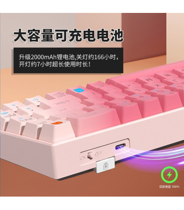 کیبورد بی سیم رویالکس مدل K411 برند Royalaxe مکانیکال سوییچ Pink با 2 نسخه بلوتوث یک WIFI و اتصال کابل