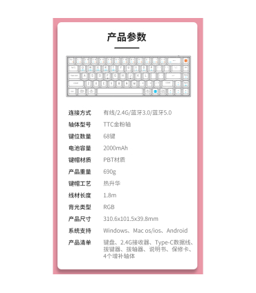 کیبورد بی سیم رویالکس مدل K411 برند Royalaxe مکانیکال سوییچ Pink با 2 نسخه بلوتوث یک WIFI و اتصال کابل