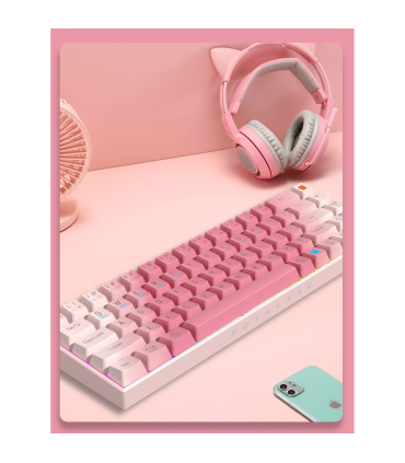 کیبورد بی سیم رویالکس مدل K411 برند Royalaxe مکانیکال سوییچ Pink با 2 نسخه بلوتوث یک WIFI و اتصال کابل