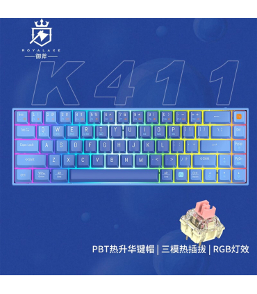کیبورد بی سیم رویالکس مدل K411 برند Royalaxe مکانیکال سوییچ Pink با 2 نسخه بلوتوث یک WIFI و اتصال کابل