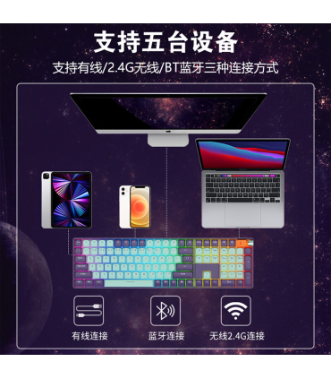کیبورد مکانیکال بی سیم رویالکس مدل R108 برند Royalaxe سوییچ Pink اتصال 3 نسخه بلوتوث و دانگل WIFI و کابل