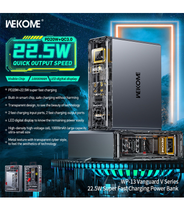 پاوربانک فست شارژ 10000 میلی آمپر ویکام مدل WP-13 VANGUARD برند WEKOME سوپر فست شارژ 22.5 وات