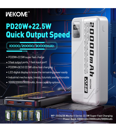 پاوربانک فست شارژ 10000 میلی آمپر ویکام مدل WP-23 MECHALL برند WEKOME سوپر فست شارژ 22.5 وات