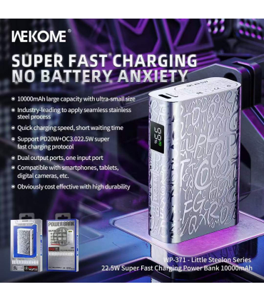 پاوربانک فست شارژ ویکام میلی آمپر 10000 مدل WP-371 برند WEKOME سوپر فست شارژ 22.5 وات