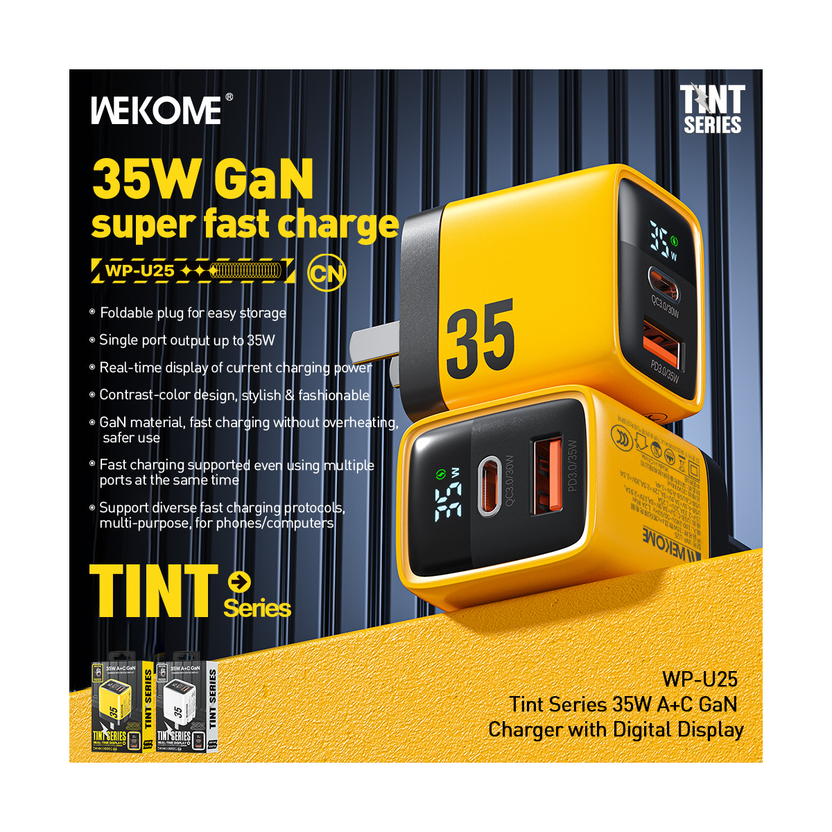 شارژر ویکوم مدل 35W display gan charger(EU) کد WP-U25 برند Wekome