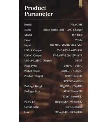 شارژر ویکوم مدل Sakin Charger QC3.0+ PD 20W (EU) کد WP-U138 برند Wekome