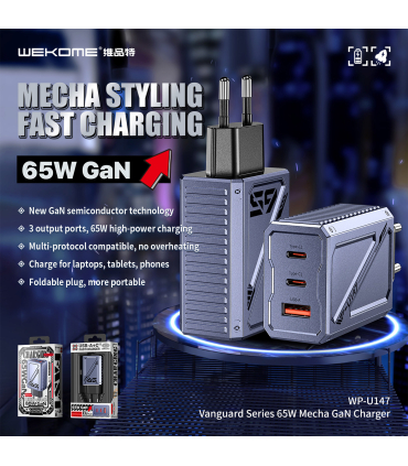 شارژر ویکوم مدل Vanguard Series Mecha GaN Charger 65W (EU) کد WP-U147 برند Wekome