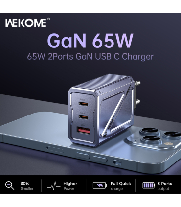 شارژر سوپر فست 65 وات ویکام مدل Vanguard کد WP-U147 برند Wekome خروجی A+2C 