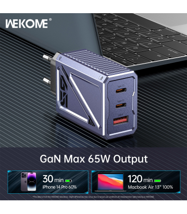 شارژر سوپر فست 65 وات ویکام مدل Vanguard کد WP-U147 برند Wekome خروجی A+2C 