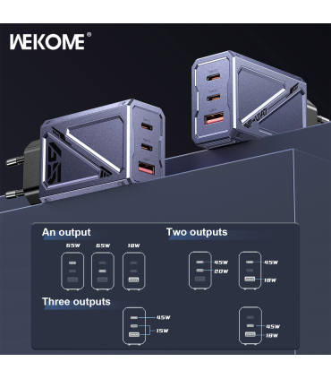 شارژر سوپر فست 65 وات ویکام مدل Vanguard کد WP-U147 برند Wekome خروجی A+2C 