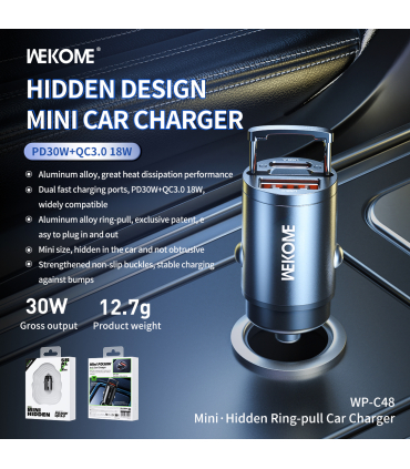 شارژر فندکی مینی ویکام سوپر فست شارژ 30 وات کد WP-C48 برند Wekome خروجی USB+Type C