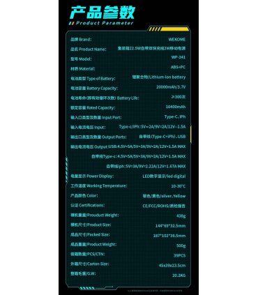 پاوربانک فست شارژ ویکام 10000 میلی آمپر مدل WP-339 برند WEKOME سوپر فست شارژ 22.5 وات