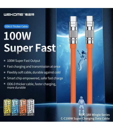 کابل شارژ تایپ سی به تایپ سی ویکام مدل WDC-188 برند WEKOME روکش TPE توان 100W طول 1 متر