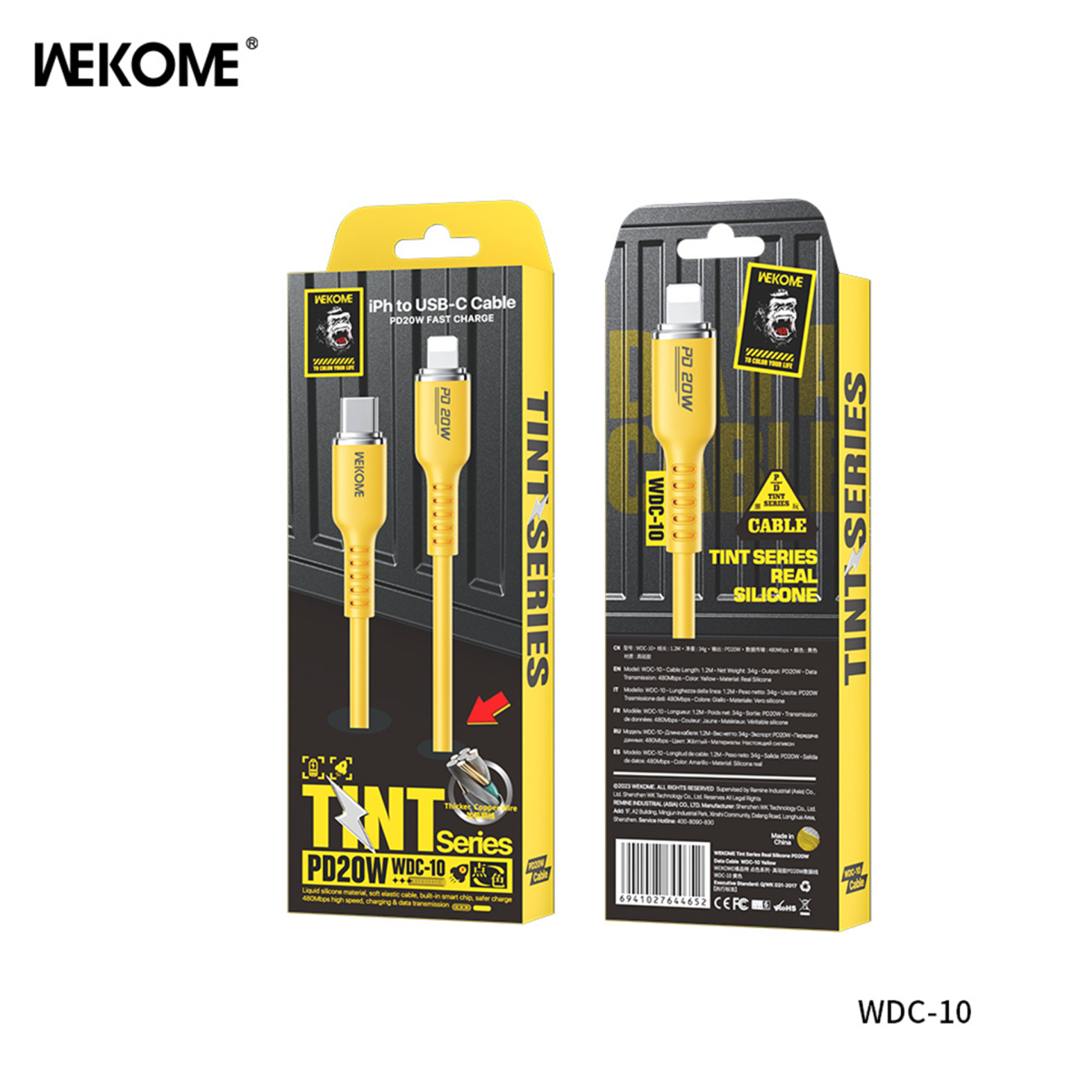 کابل شارژ PD 20W تایپ سی به آیفون ویکام مدل WDC-10 برند WEKOME روکش سیلیکون طول 1.2 متر