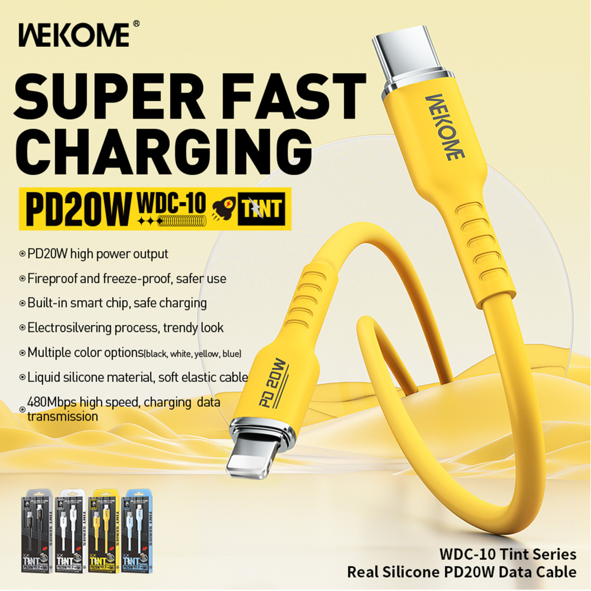 کابل شارژ PD 20W تایپ سی به آیفون ویکام مدل WDC-10 برند WEKOME روکش سیلیکون طول 1.2 متر