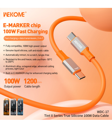 کابل شارژ 100W تایپ سی به تایپ سی ویکام مدل WDC-17 برند WEKOME روکش سیلیکون طول 1.2 متر