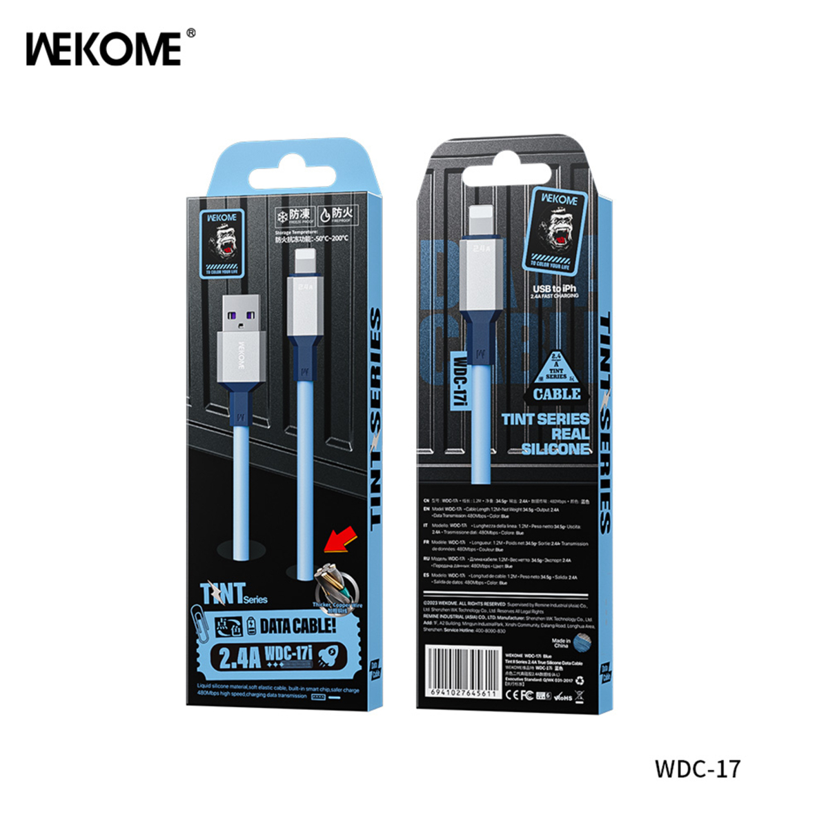 کابل شارژ آیفون ویکام مدل WDC-17i برند WEKOME روکش سیلیکون توان 2.4A طول 1.2 متر
