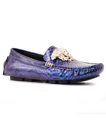 کفش چرم لوفر ورساچه طرح پوست مار سرمه ای Versace Loafer Leather Shoes with Snake Skin Design