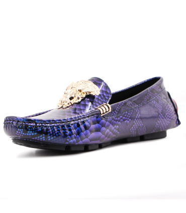 کفش چرم لوفر ورساچه طرح پوست مار سرمه ای Versace Loafer Leather Shoes with Snake Skin Design