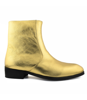 بوت ساق دار پاشنه کوبایی چرمی طلایی سنت لورنت زیپSaint Laurent gold leather Cuban heel ankle boot