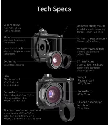 لنز میکروسکوپی موبایل اپکسل مدل APL-ZM100FL26 برند Apexel